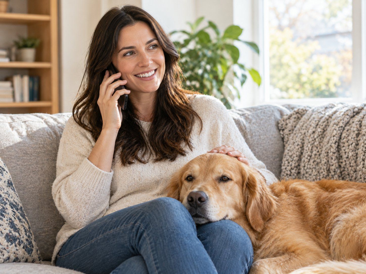 A person on the phone at home with their dog