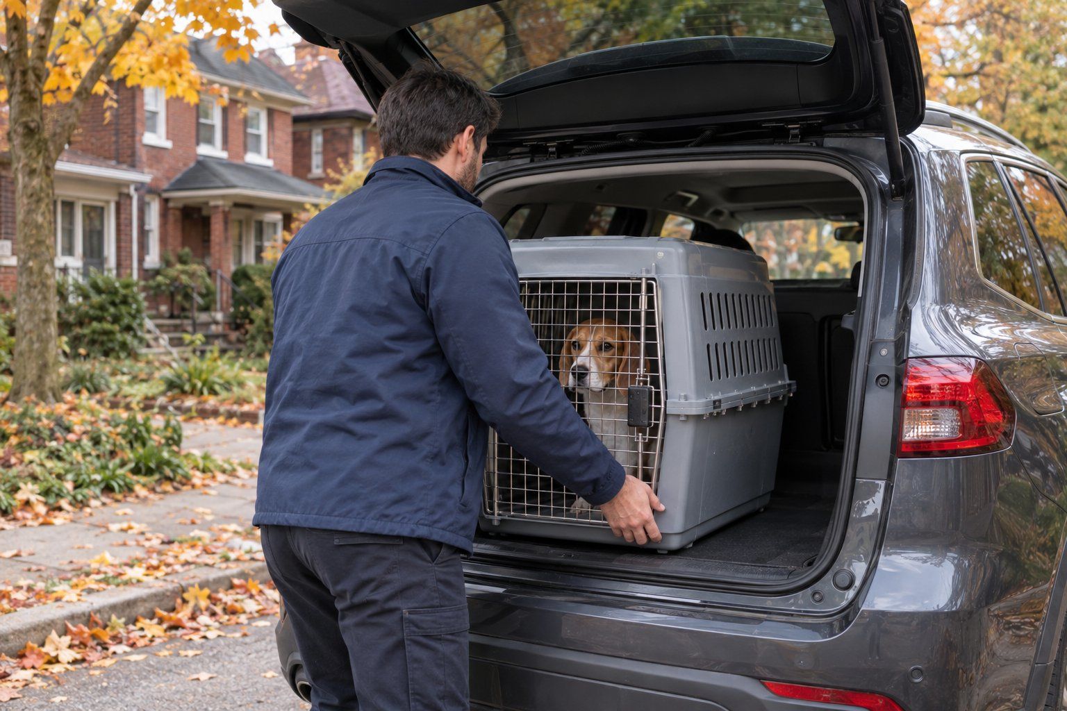 A driver carrying an airline crate with a dog to a car
