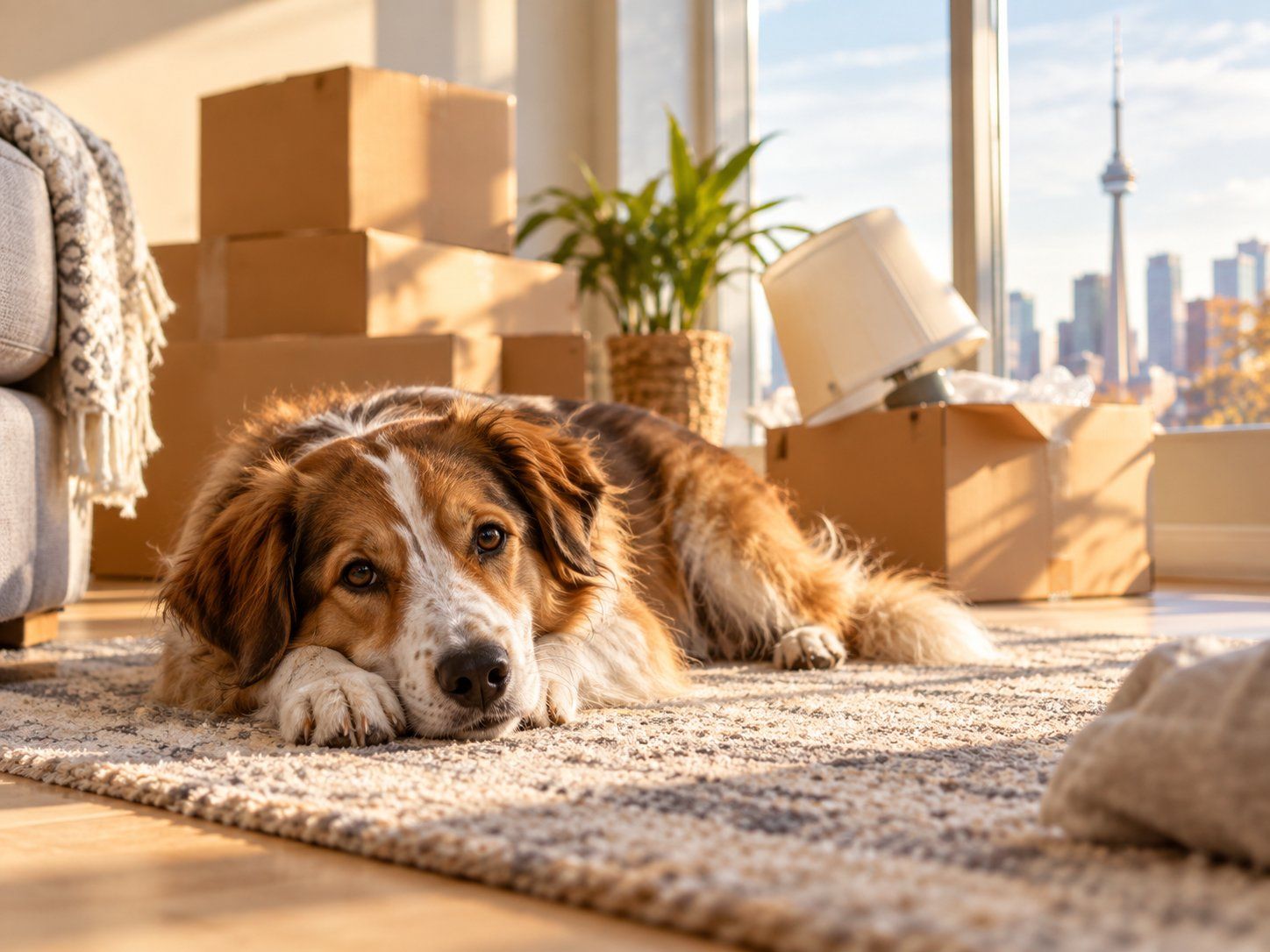 A dog relaxing in a new home between moving boxes